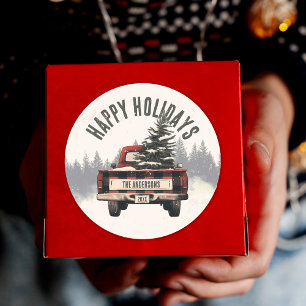 Retro Red Plaid Christmas Truck Custom Family Name Classic Round Sticker