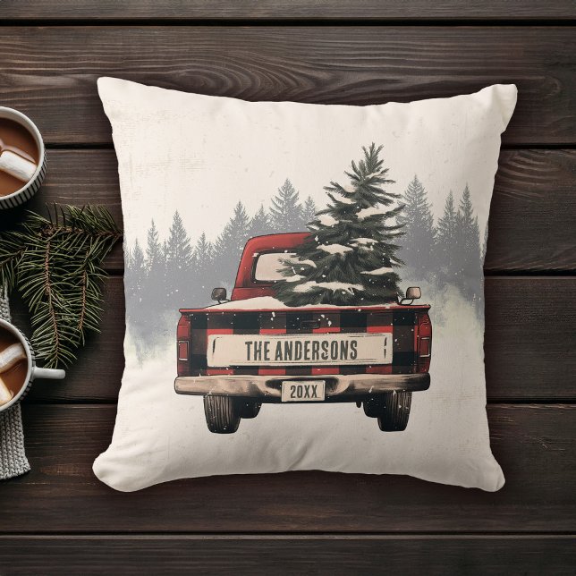 Retro Red Plaid Christmas Truck Custom Family Name Cushion (Creator Uploaded)
