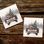 Retro Red Plaid Christmas Truck Custom Family Name Glass Coaster<br><div class="desc">Protect your surfaces in festive style with our rustic retro red plaid Christmas truck coasters! Personalised with your family name and year,  they’re a cosy,  charming addition to your holiday gatherings.</div>