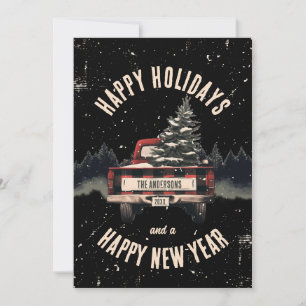 Retro Red Plaid Christmas Truck Custom Family Name Holiday Card