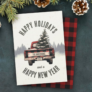 Retro Red Plaid Christmas Truck Custom Family Name Holiday Card