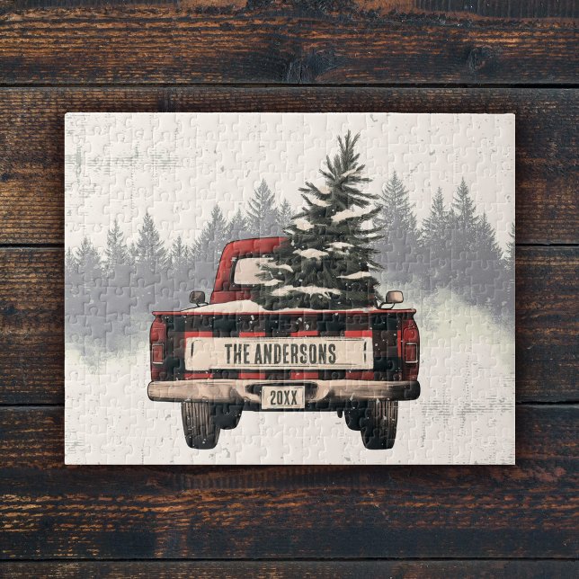 Retro Red Plaid Christmas Truck Custom Family Name Jigsaw Puzzle (Creator Uploaded)