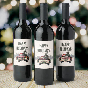 Retro Red Plaid Christmas Truck Custom Family Name Wine Label
