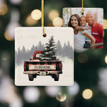 Retro Red Plaid Christmas Truck Custom Photo Ceramic Ornament<br><div class="desc">Deck the halls with our retro red plaid Christmas truck ornament! Personalised with your family name,  it's the perfect festive touch to add charm and nostalgia to your holiday tree this season.</div>