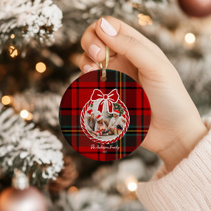 Retro Red Plaid Whimsical Christmas Ceramic Tree Decoration