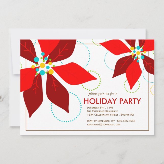 Retro Red Poinsettia Christmas Holiday Party Invitation (Front)
