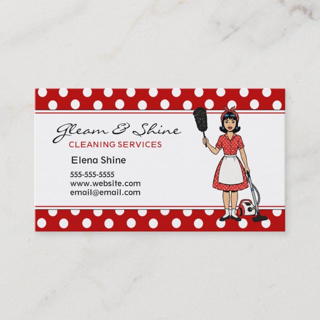 Retro Red Polka Dot Cleaner Cleaning Lady Service Business Card (Front)