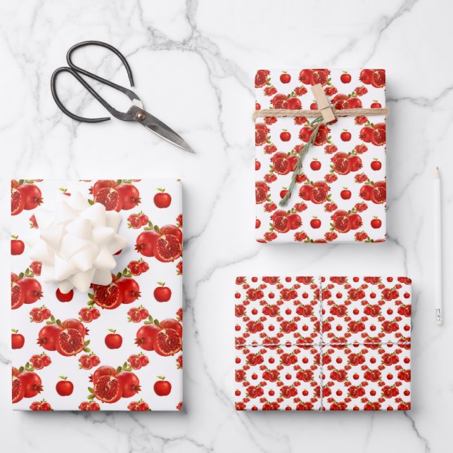 Retro Red Pomegranate Fruit Pattern Theme Wrapping Paper Sheet (Front)