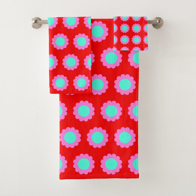 Retro Red Pop Flower Pattern Mod 60s Boho Style Bath Towel Set (Insitu)