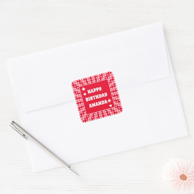Retro Red Queen Of Hearts Birthday Square Sticker (Envelope)