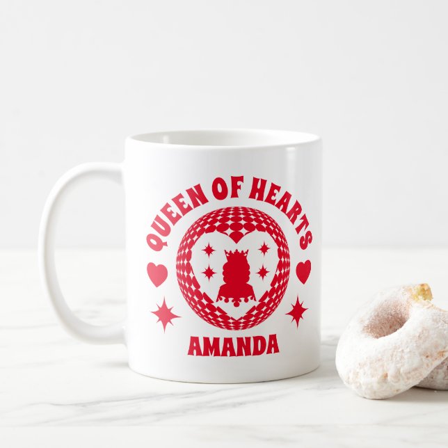 Retro Red Queen Of Hearts Kids Birthday Mug (With Donut)