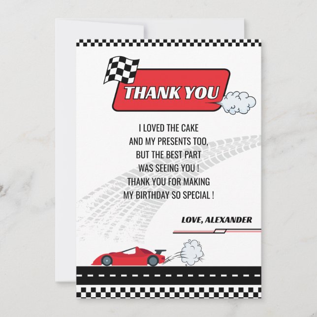 Retro red race car boy birthday party  thank you card (Front)