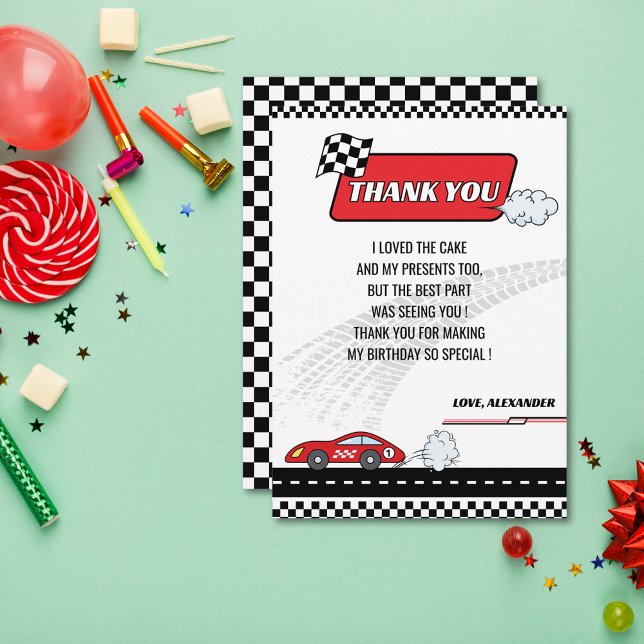 Retro red race car boy birthday party  thank you card (Creator Uploaded)