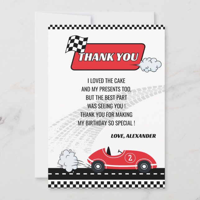 Retro red race car boy birthday party  thank you card (Front)