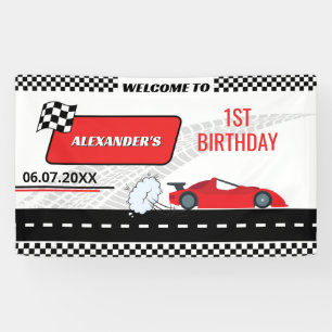 Retro red race car boy fast one boy 1st birthday banner