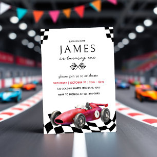 Retro Red Race Car Checkered Flags 1st Birthday   Invitation