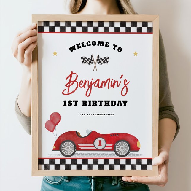 Retro Red Race Car Fast One Birthday Welcome Poster (Creator Uploaded)