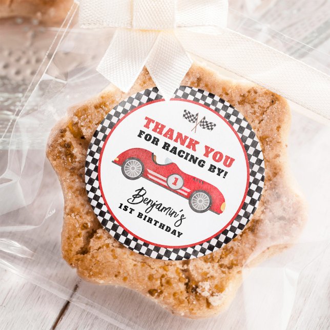 Retro Red Race Car Fast One Boy Birthday Party Classic Round Sticker (Creator Uploaded)