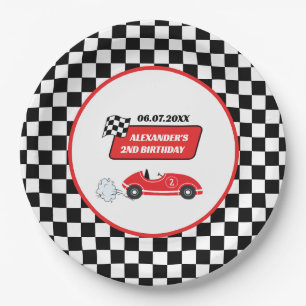 Retro red race car racing boy 2nd birthday paper plate