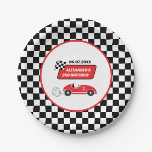 Retro red race car racing boy 2nd birthday  paper plate