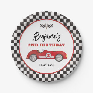 Retro Red Race Car Two Fast Boy Birthday Paper Plate