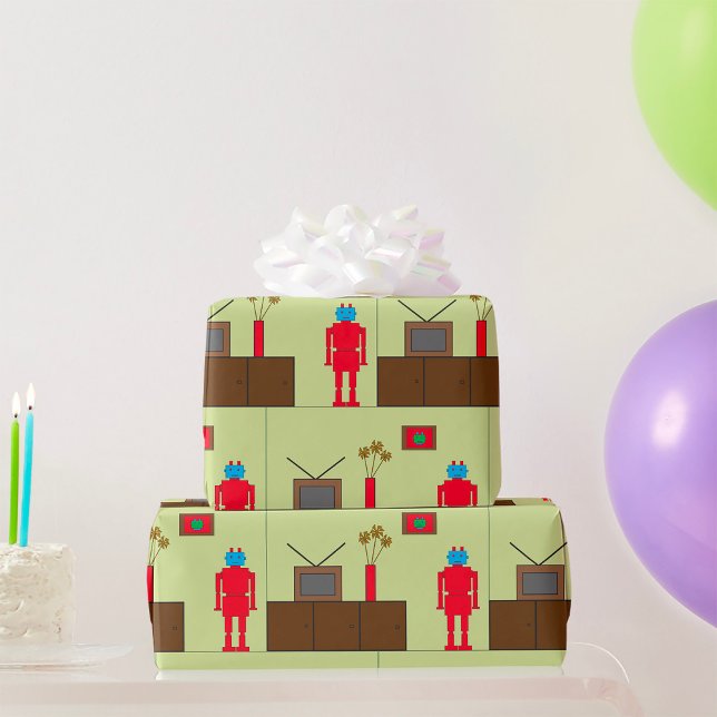 Retro Red Robot Mid-Century Modern Minimalist Wrapping Paper (Creator Uploaded)