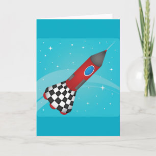 Retro Red Rocket Ship in Space Galactic Card