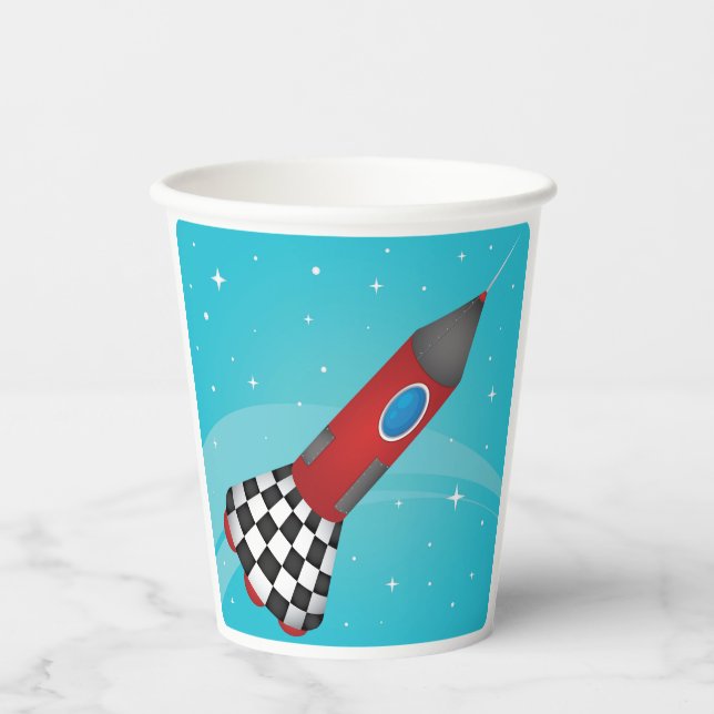 Retro Red Rocket Ship in Space Galactic Paper Cups (Front)