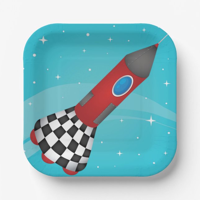 Retro Red Rocket Ship in Space Galactic Paper Plate (Front)