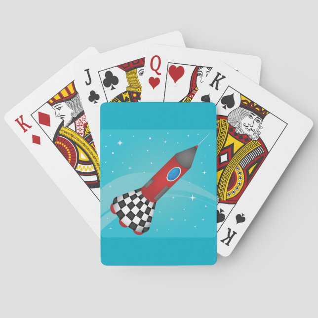 Retro Red Rocket Ship in Space Galactic Playing Cards (Back)