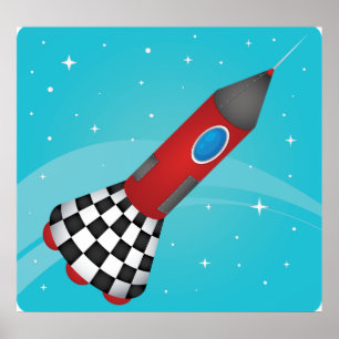 Retro Red Rocket Ship in Space Galactic Poster