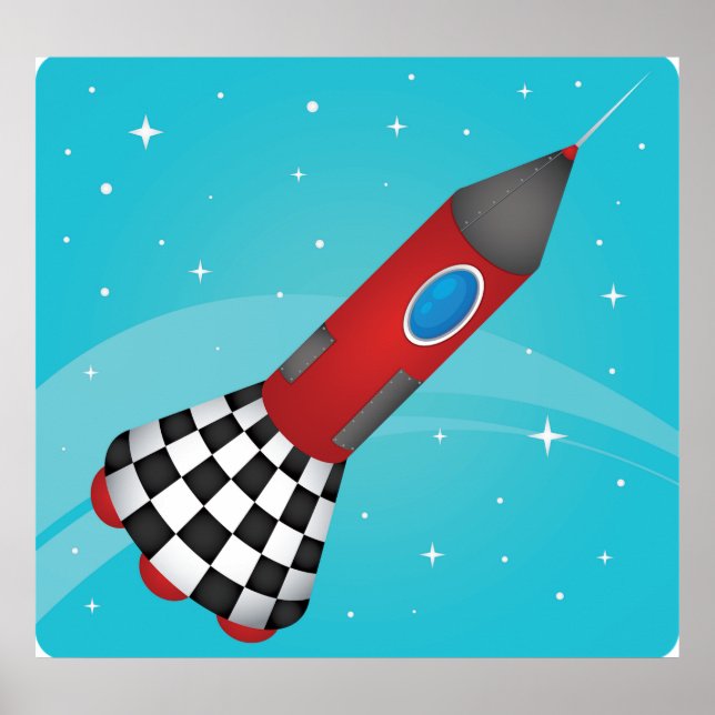 Retro Red Rocket Ship in Space Galactic Poster (Front)
