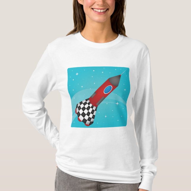 Retro Red Rocket Ship in Space Galactic T-Shirt (Front)