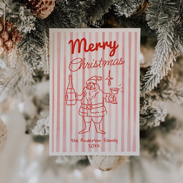 Retro Red Santa Champagne Christmas Non Photo Holiday Card (Creator Uploaded)