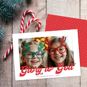 Retro Red Script Glory To God One Photo Christmas Holiday Card