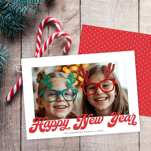 Retro Red Script Happy New Year One Photo Holiday Card (Creator Uploaded)