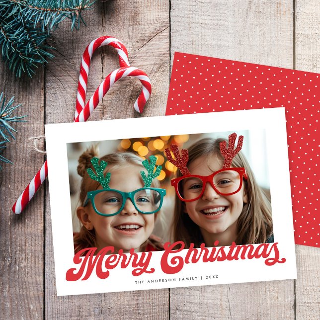 Retro Red Script Merry Christmas One Photo Holiday Card (Creator Uploaded)