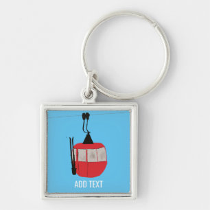 Retro Red Ski Gondola Lift Personalised Blue Key Ring