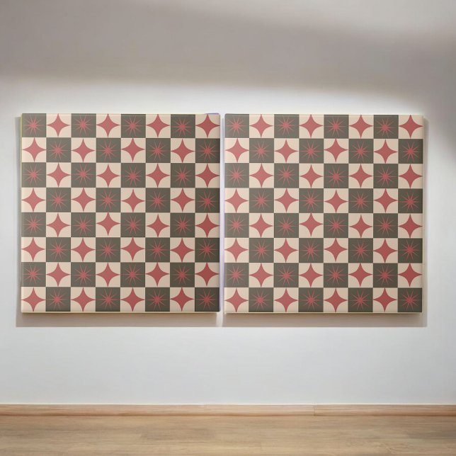 Retro Red Starburst Chequered Mid Century Modern Tile (Creator Uploaded)