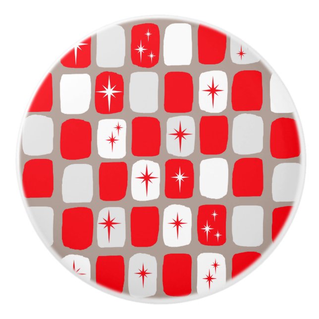 Retro Red Starbursts Ceramic Knob (Front)
