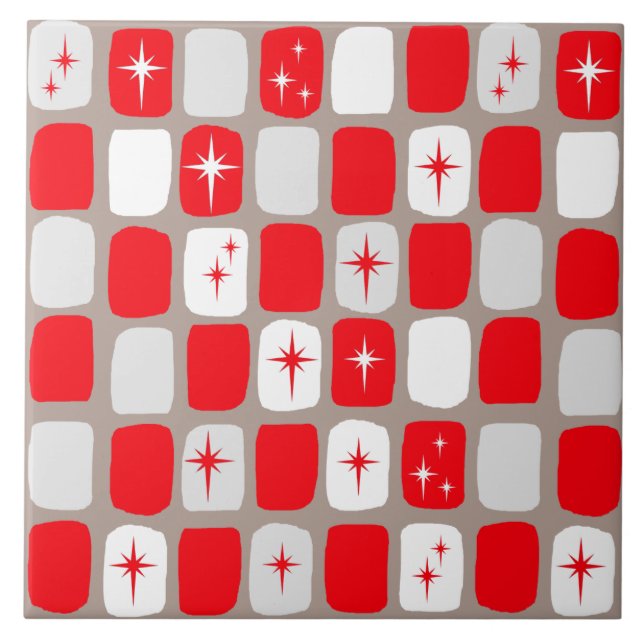 Retro Red Starbursts Ceramic Tile (Front)