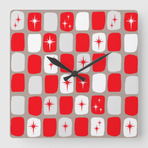 Retro Red Starbursts Square Wall Clock