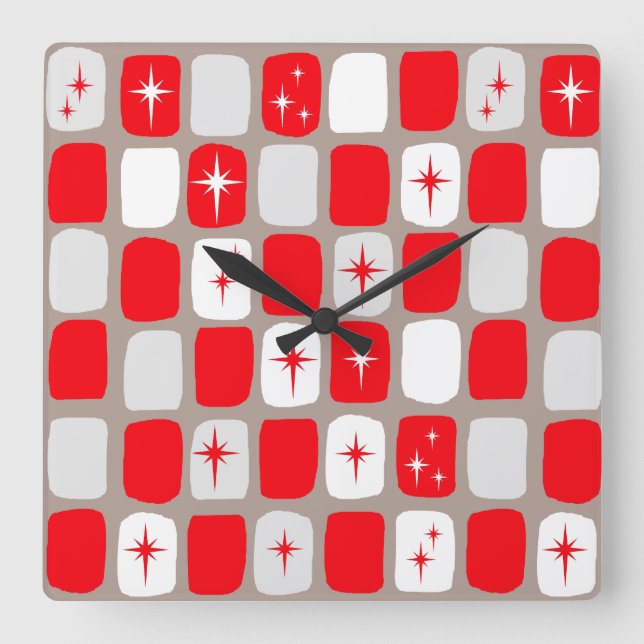 Retro Red Starbursts Square Wall Clock (Front)