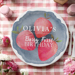 Retro red Strawberry Berry First Birthday  Paper Plate