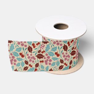 Retro Red Teal Christmas Floral Pattern Satin Ribbon