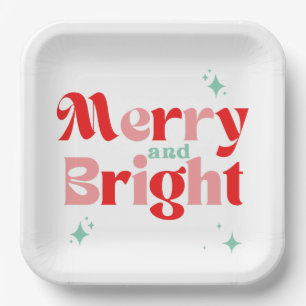 Retro Red Teal Christmas Holiday Paper Plate