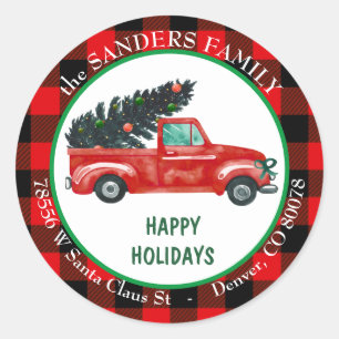 Retro Red Truck2 Christmas Tree Return Address  Classic Round Sticker