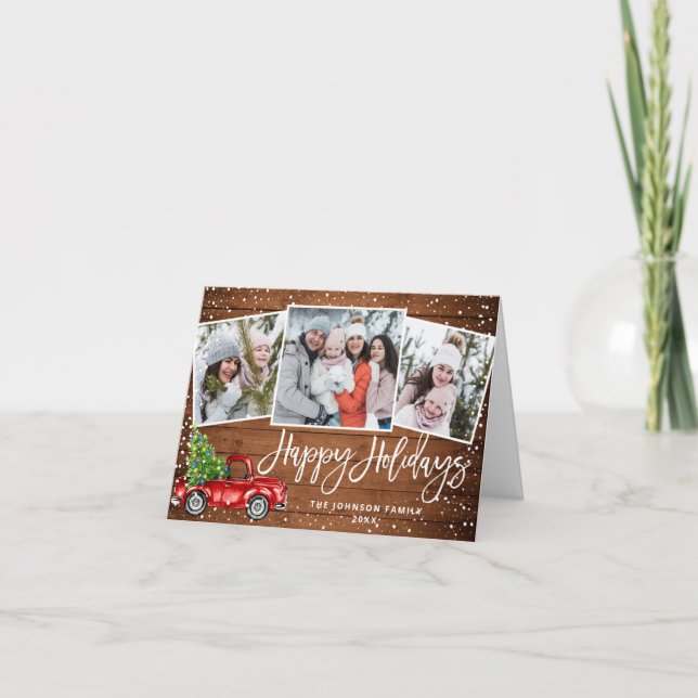 Retro Red Truck 3 PHOTO Christmas Greeting Folded Holiday Card (Front)