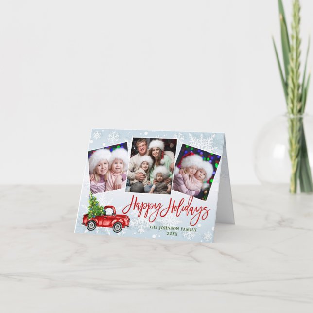 Retro Red Truck 4 PHOTO Christmas Greeting Folded Holiday Card (Front)
