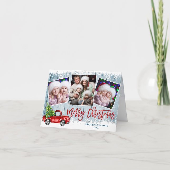 Retro Red Truck 4 PHOTO Christmas Greeting Folded Holiday Card (Front)